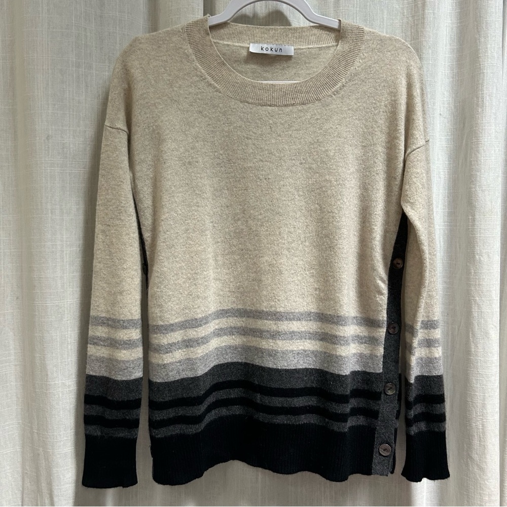 Kokun Cashmere side button crew sweater black cream size small